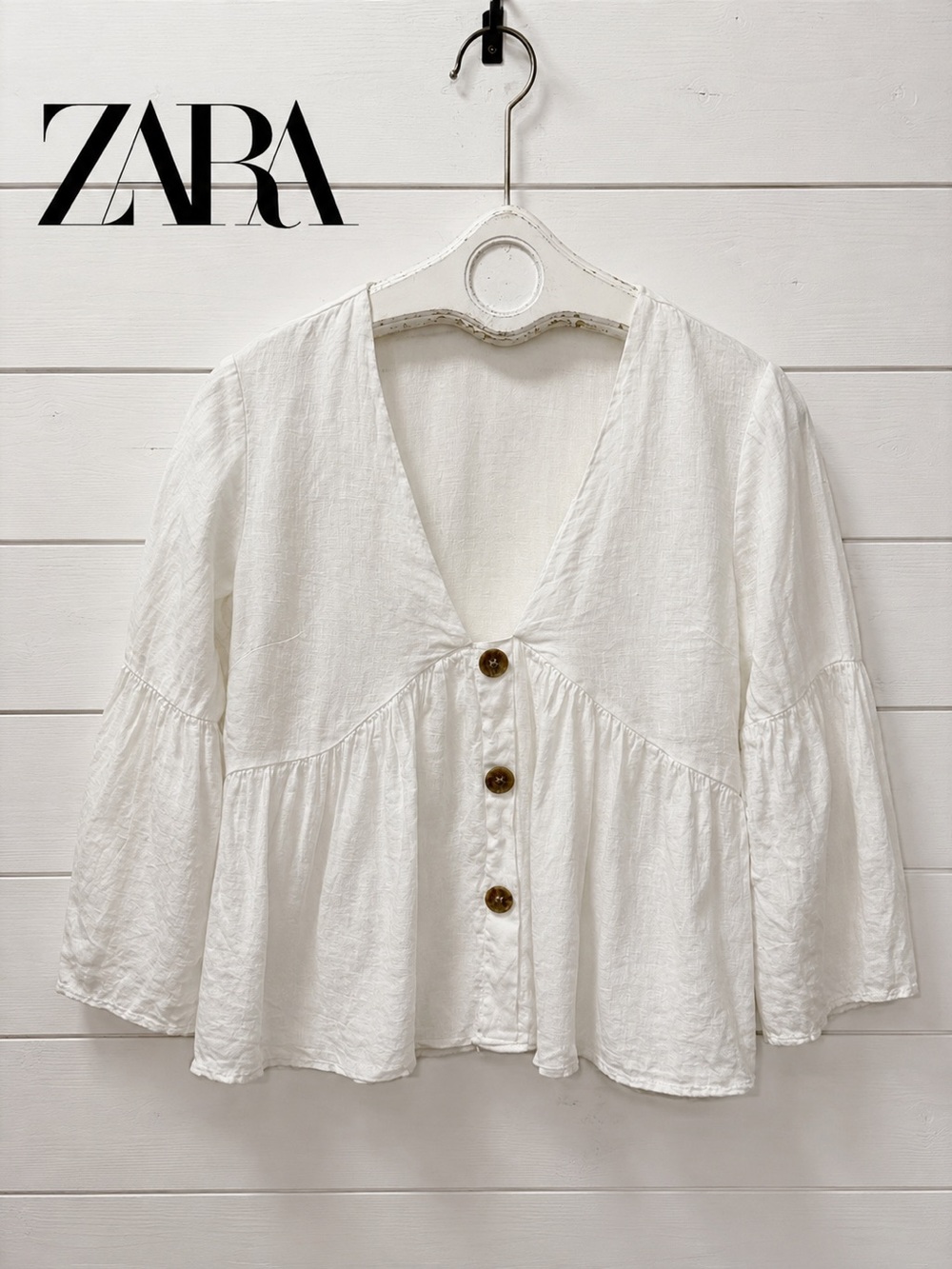 ZARA White Linen Blend Peplum Blouse – Size S - Picture 1 of 9